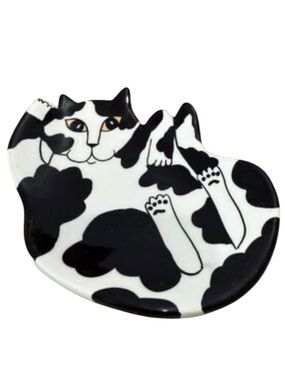 Cats by Nina Lyman Black White Kitty Spoon Rest Trinket Dish